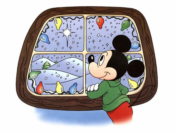 Mickey Mouse looking out a snowy window