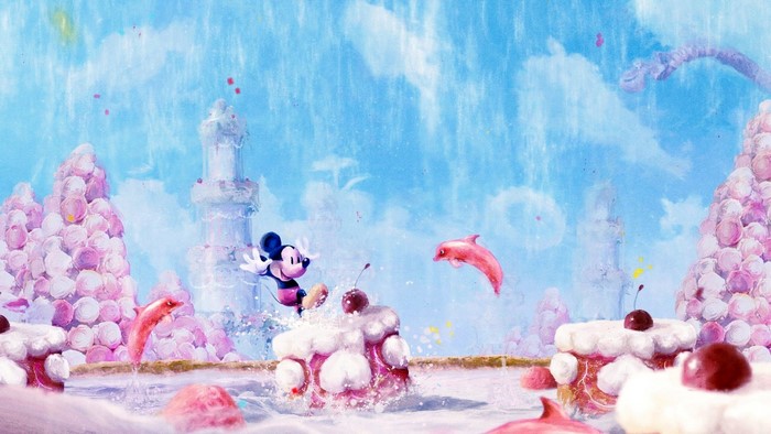Mickey Mouse in a fantasy world with candy-like structures