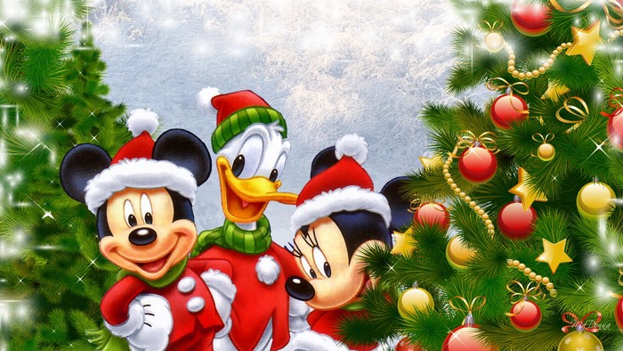 Mickey Mouse, Minnie Mouse, and Donald Duck celebrate Christmas