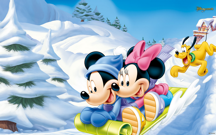 Mickey Mouse and Minnie Mouse sledding with Pluto