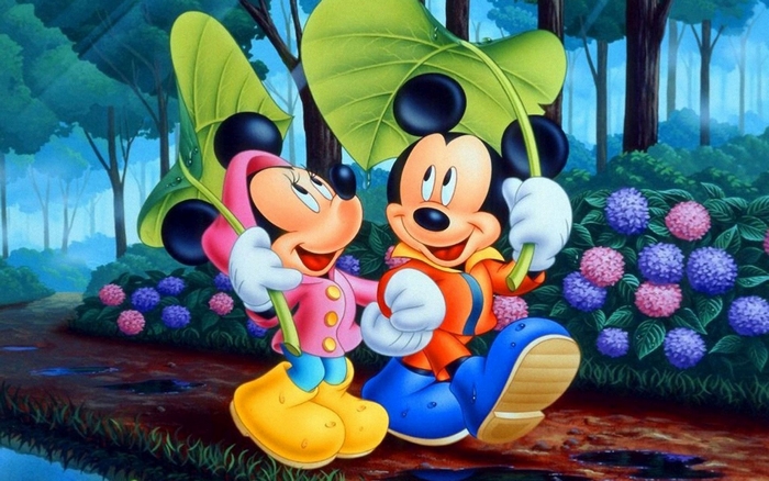 Mickey and Minnie Mouse in the rain