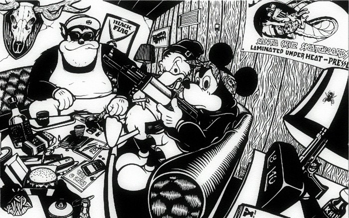 Mickey Mouse and Donald Duck with guns