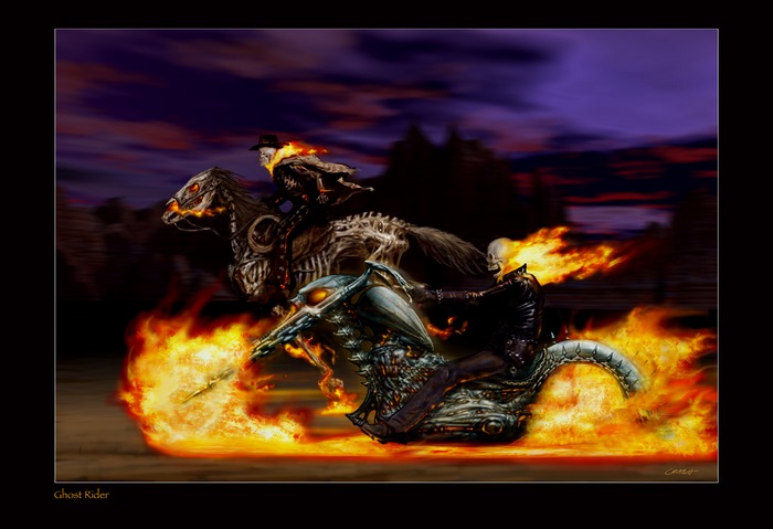 Ghost Rider on a motorcycle and horse