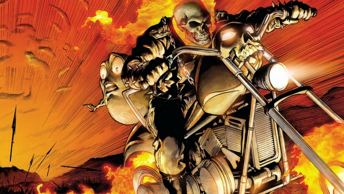 Ghost Rider on a Motorcycle in a Fiery Landscape