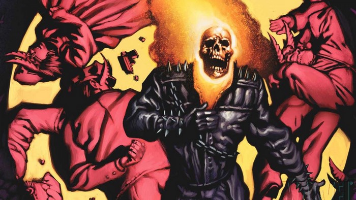 Ghost Rider fighting red figures