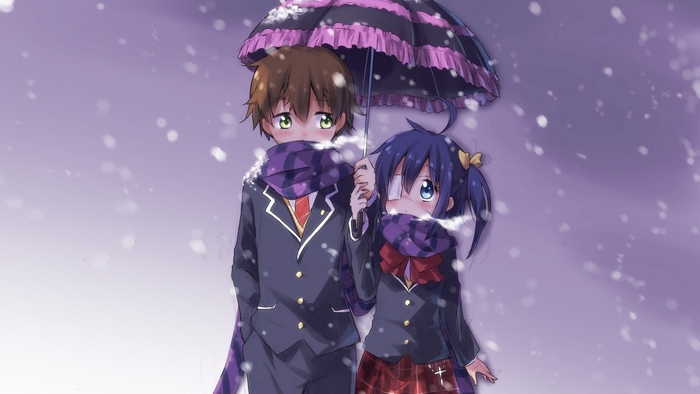 Rikka Takanashi and Yuta Togashi under an umbrella