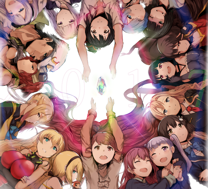 Group of anime girls surrounding a crystal