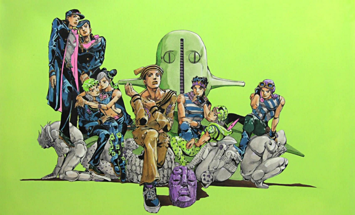 JoJo's Bizarre Adventure characters on a green background