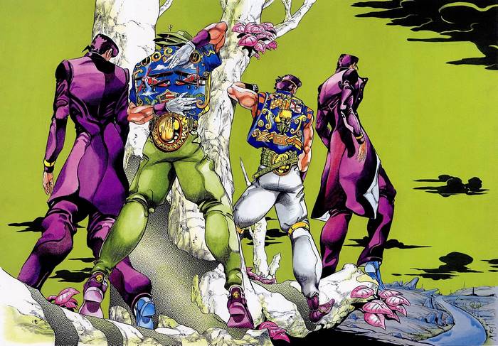 Jotaro Kujo and allies in a surreal landscape
