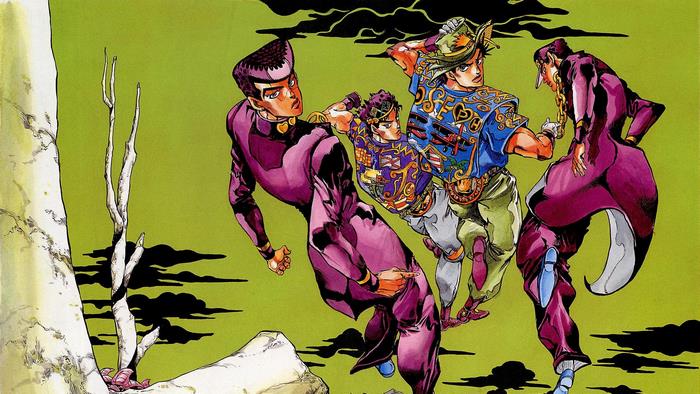 Josuke Higashikata, Joseph Joestar, and Jotaro Kujo from JoJo's Bizarre Adventure