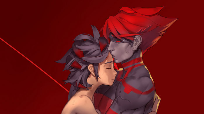 Ryuko Matoi embracing a dark figure