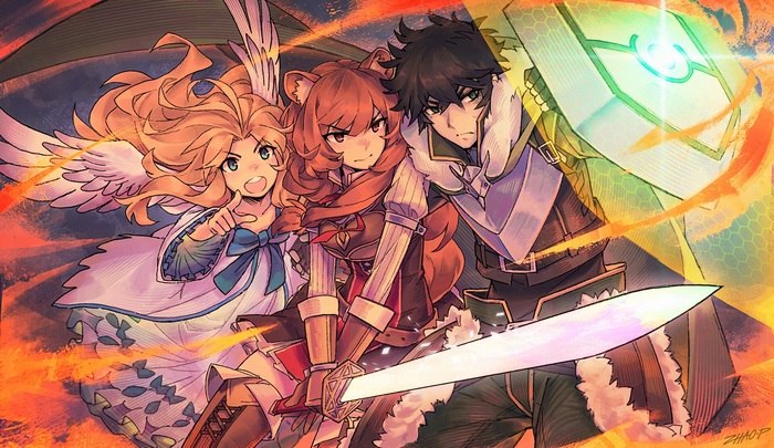Raphtalia, Filo, and Naofumi from The Rising of the Shield Hero