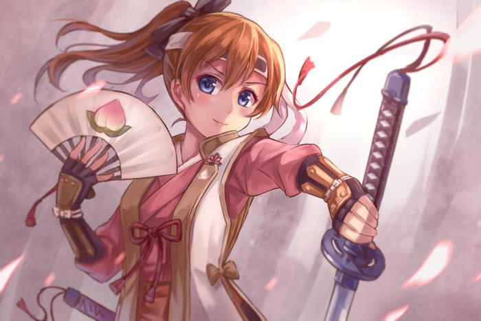 Honoka Kousaka with a fan and katana