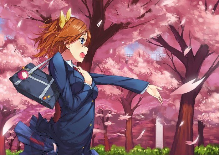 Honoka Kousaka running through cherry blossoms