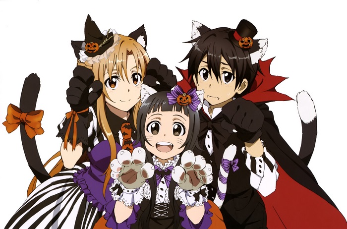 Asuna, Yui, and Kirito from Sword Art Online in Halloween costumes