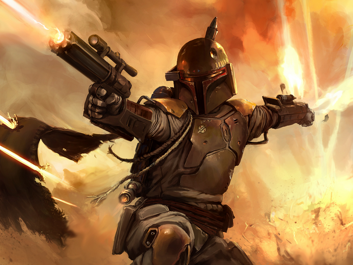 Boba Fett from Star Wars firing a blaster