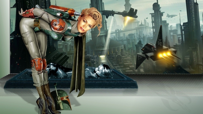 Boba Fett from Star Wars in a futuristic city