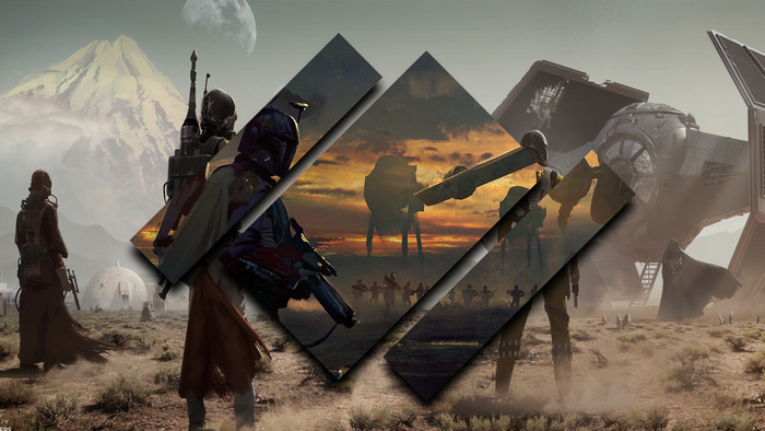 Boba Fett and other characters in a desert landscape