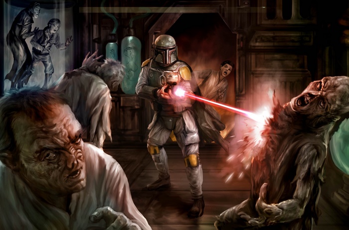 Boba Fett fighting zombies in a laboratory