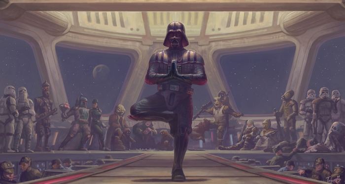 Darth Vader meditating with Star Wars characters watching