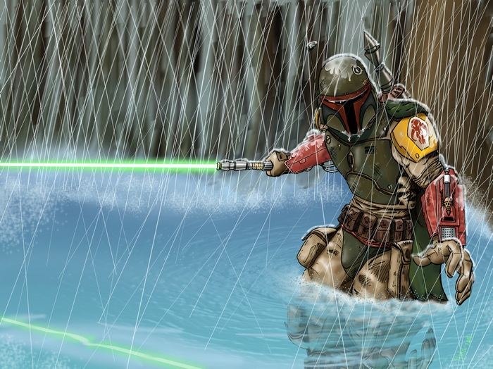 Boba Fett with a green lightsaber in the rain