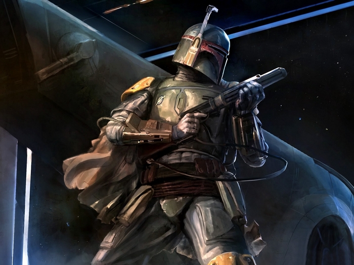 Boba Fett holding a blaster rifle