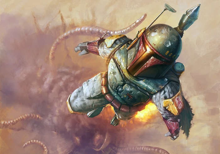 Boba Fett from Star Wars in flight