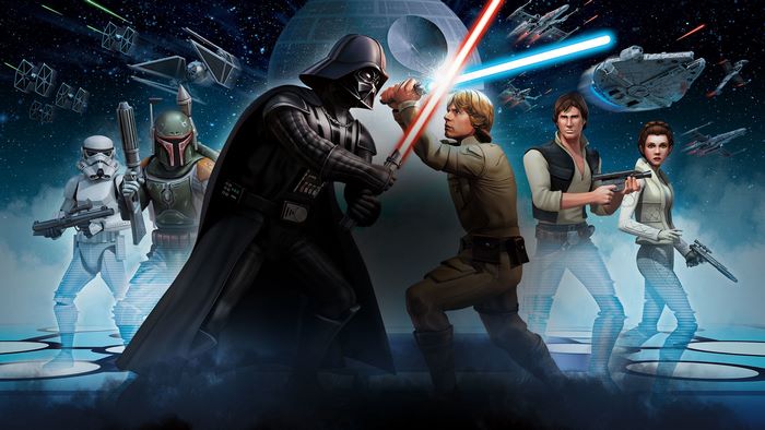 Star Wars characters Darth Vader, Luke Skywalker, Boba Fett, Han Solo, Leia Organa, and Stormtrooper