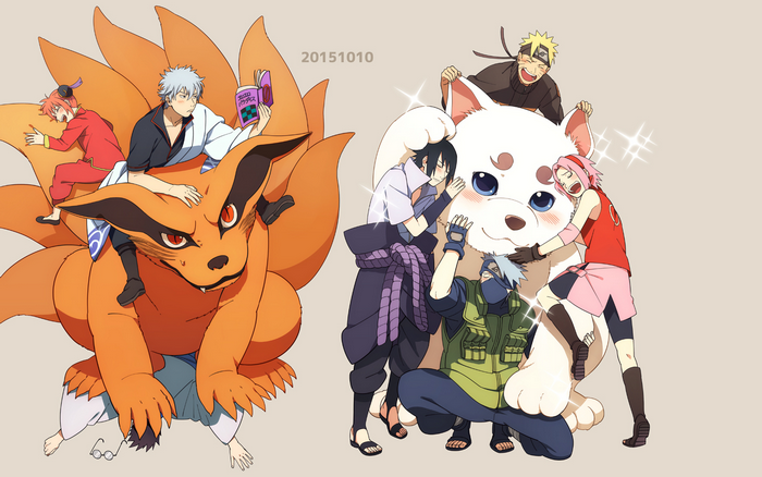 Characters from Naruto and Gintama with a white dog and a fox