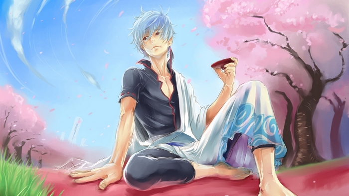Gintoki Sakata from Gintama under cherry blossoms
