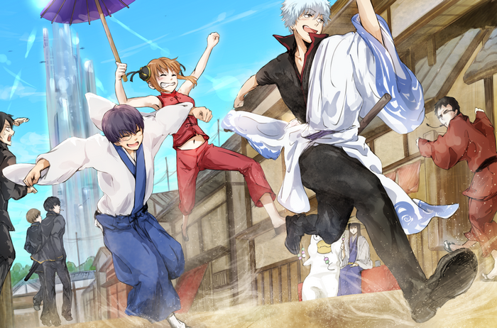 Gintoki Sakata and friends running through a town