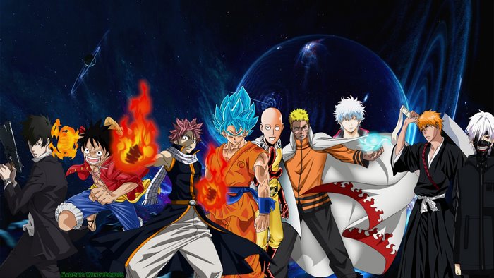 Anime Characters in Space: Gintoki, Ichigo, Goku, Naruto, Luffy, Saitama, Kaneki, and Akashi