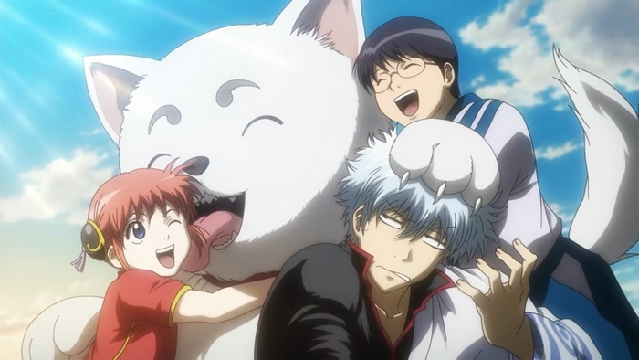 Gintoki Sakata and friends with a large white dog