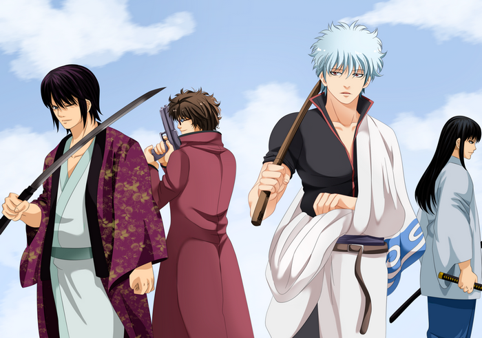 Gintoki Sakata and friends with swords and gun