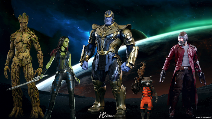 Thanos, Groot, Gamora, Rocket, and Star-Lord from Marvel