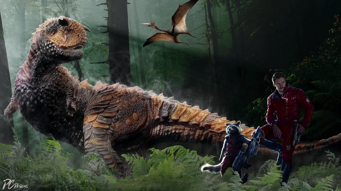 Peter Quill and Rocket with a Carnotaurus and Pterodactyl