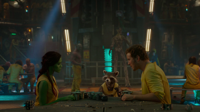 Peter Quill and Gamora with Rocket Raccoon in Guardians of the Galaxy