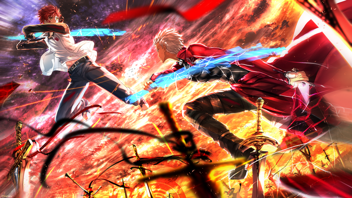 Archer and Shirou from Fate/Stay Night clashing swords