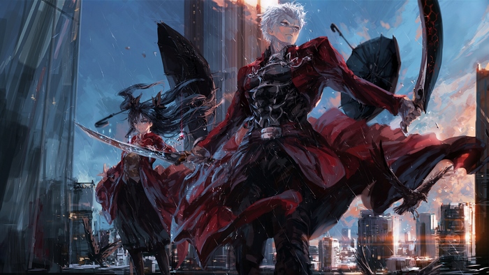 Archer from Fate/Stay Night in a rainy city