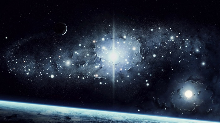 Planet and galaxy with stars and nebulae