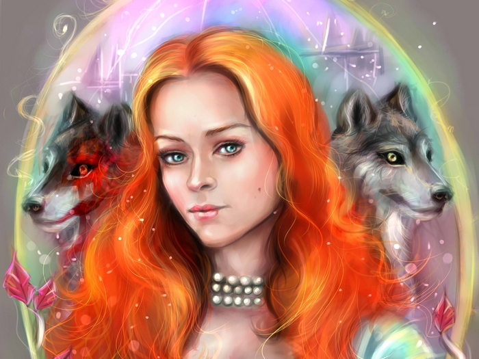 Sansa Stark with two wolves