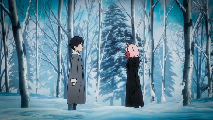 Hiro and Zero Two from Darling in the FranXX in a snowy forest
