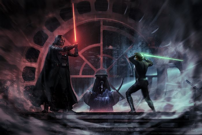 Darth Vader and Luke Skywalker duel before Emperor Palpatine