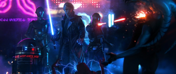 Luke Skywalker and droids in a neon city