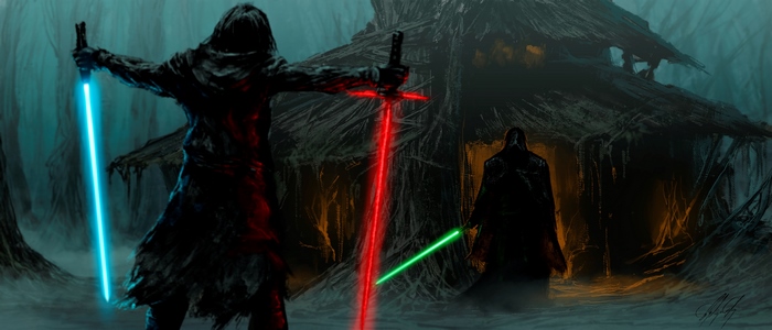 Two figures with lightsabers in front of a hut