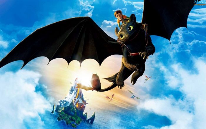 Toothless and Hiccup from How to Train Your Dragon flying
