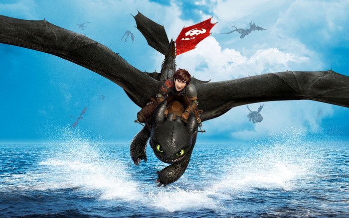 Hiccup and Toothless from How to Train Your Dragon flying over the ocean
