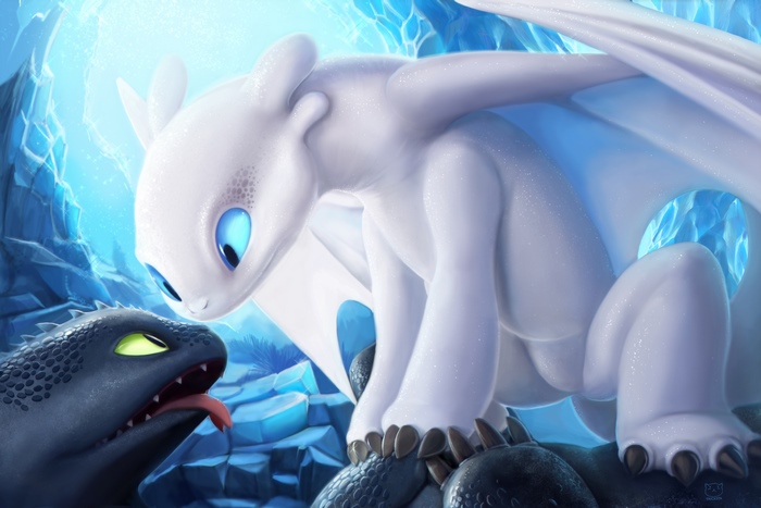 Toothless Dragons Face Off in Icy Cave