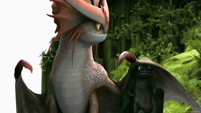 Toothless and a large dragon in a forest