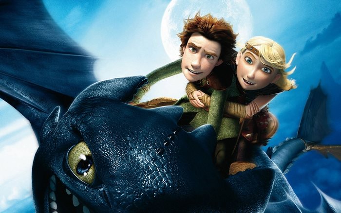 Hiccup and Astrid riding Toothless from How to Train Your Dragon